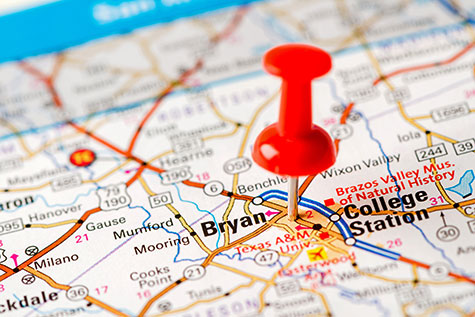 Pin on map marks Bryan-College Station